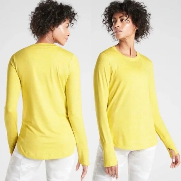 Athleta Uptempo Long Sleeve Knit Top T-Shirt Sulphur Yellow Lime Medium - Picture 1 of 9